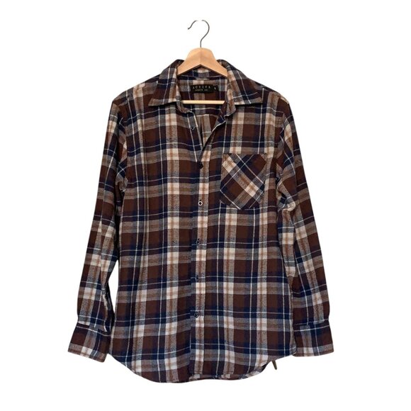 Activa Brown and Navy Blue Plaid Flannel Button Down Shirt - Picture 1 of 10